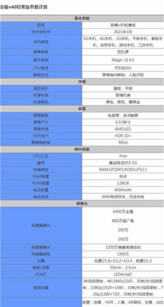 荣耀V40轻奢版参数配置