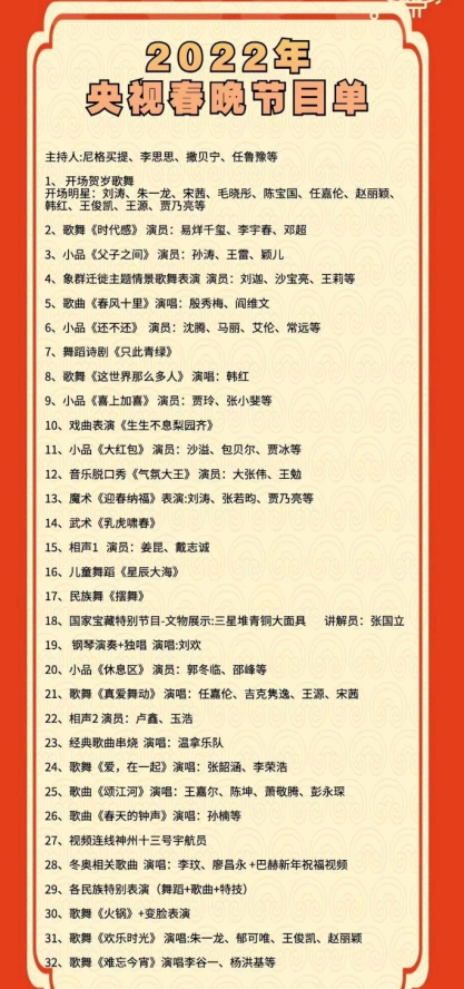 2022春晚节目名单
