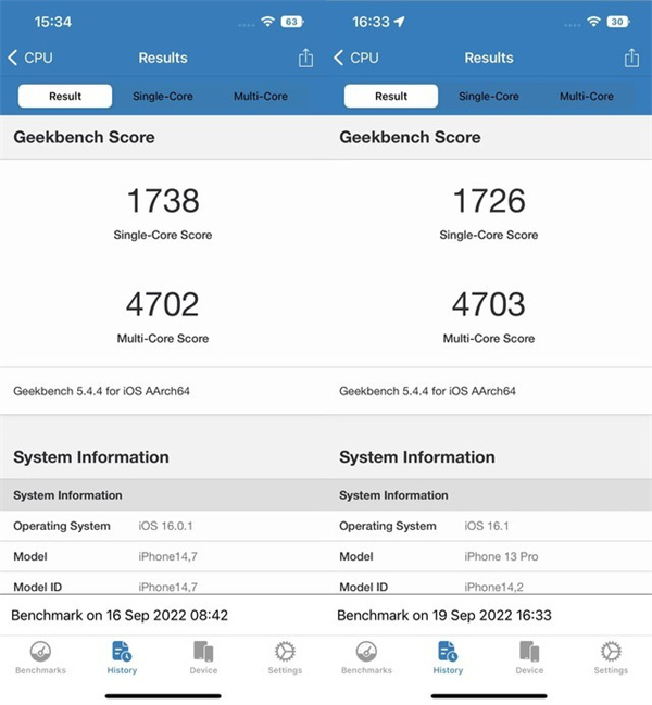 iPhone14和iPhone13 Pro性能对比