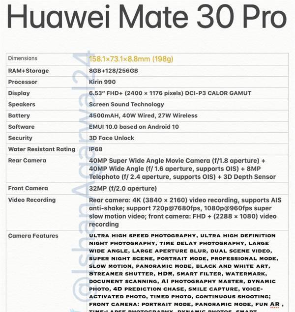 华为mate30pro参数长宽高