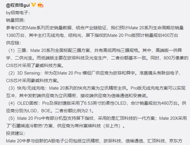 华为mate20屏幕供应商有哪些