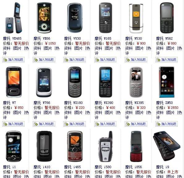 摩托罗拉手机型号大全图
